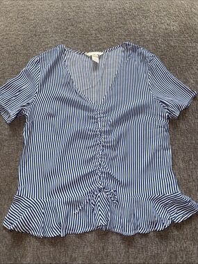 H&M Blue and White Striped Ruched Peplum Blouse